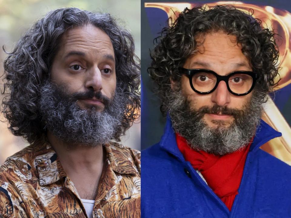 left: dionysus looking skeptical in live action percy jackson; right: jason mantzoukas with thick facial hair on a red carpet