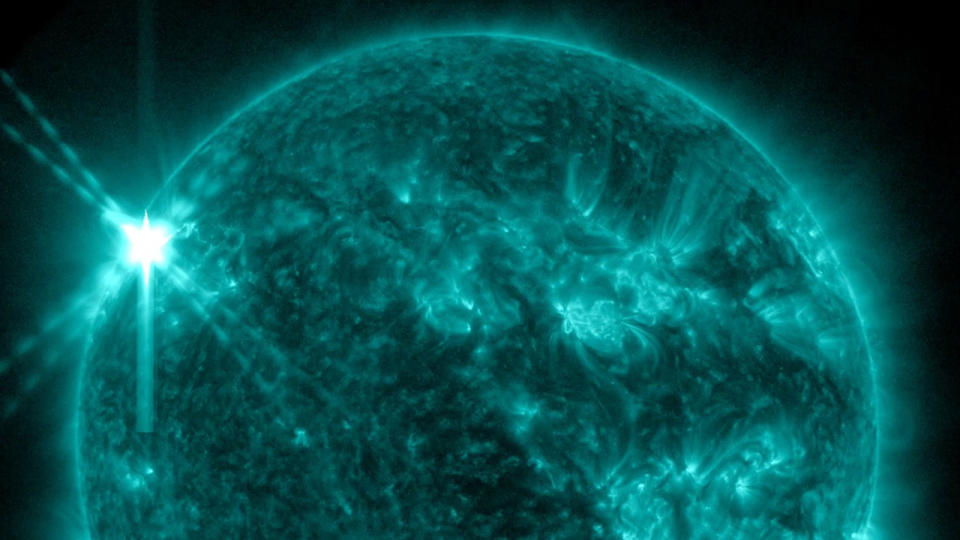 An X2.2-class solar flare erupts from the sun on Feb. 17, 2023.
