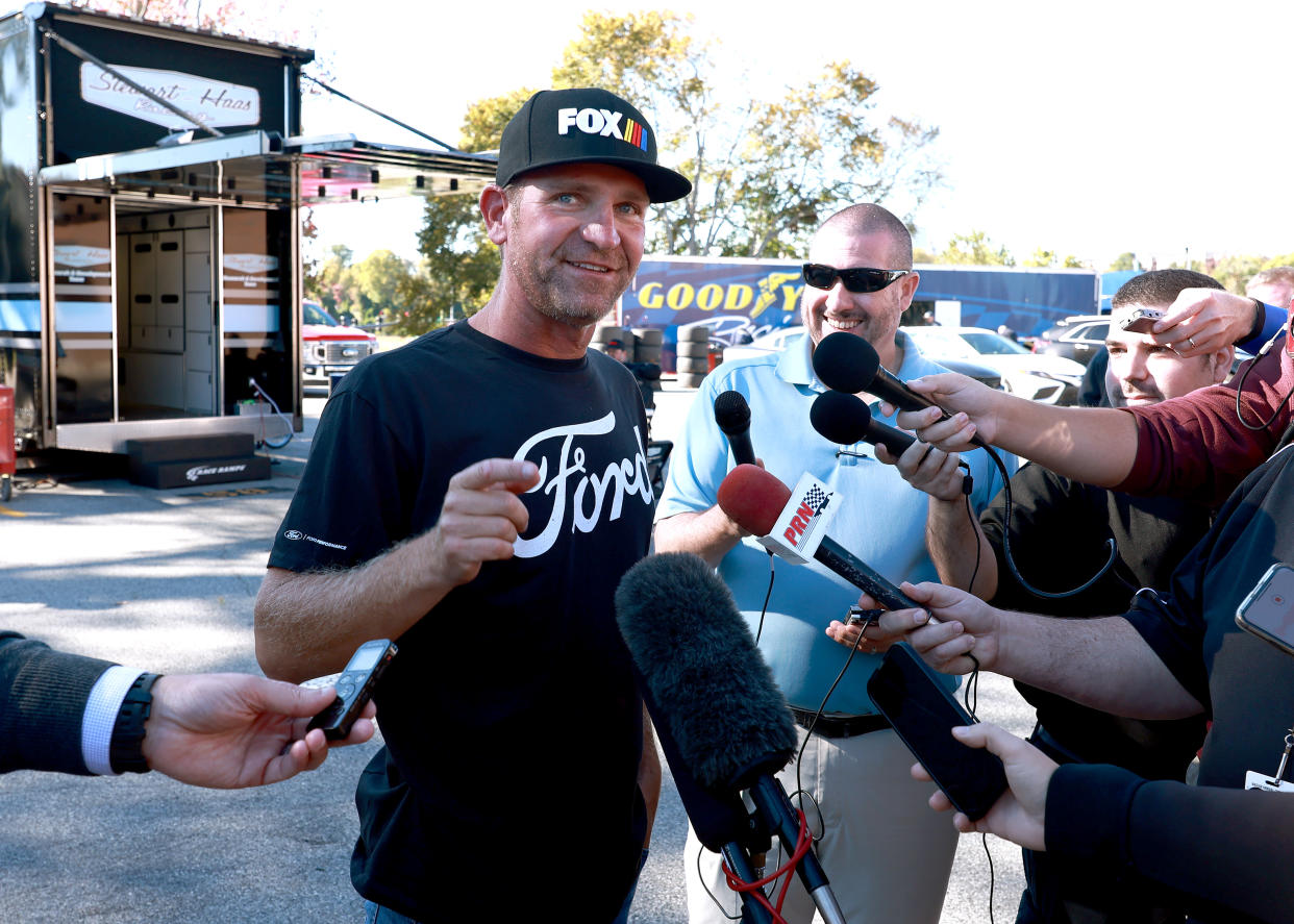 WINSTON SALEM, NORTH CAROLINA - OCTOBER 26: Clint Bowyer speaks to the media after a testing session with the NASCAR Next Gen car at Bowman Gray Stadium on October 26, 2021 in Winston Salem, North Carolina. (Photo by Grant Halverson/Getty Images)