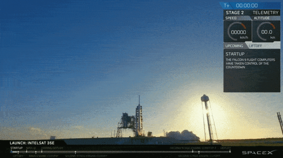 GIF showing SpaceX's launch of the Intelsat 35e communications satellite on July 5, 2017. <cite>SpaceX</cite>