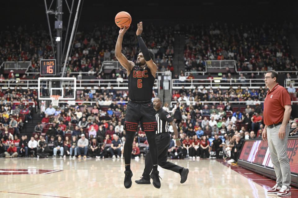 Southern California guard Bronny James (6) shoots a 3-point basket during the first half of an NCAA college basketball game against Stanford, Saturday, Feb. 10, 2024, in Stanford, Calif. (AP Photo/Nic Coury)