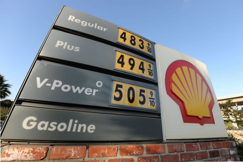 A sign showing the price of a gallon of gas is seen in front of a Shell gas station in La Jolla, California in 2008. Experts suggest that the recent conflict in the Middle East could send prices soaring again. File photo from UPI/Kevin Dietsch.