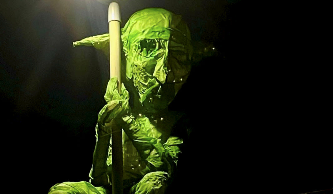 The stolen 7ft tall green hobgoblin. See SWNS story SWBRgoblin. Locals have launched a hunt for a seven foot goblin that has been stolen from Cheltenham's 'Snow Queen' lantern trail, believed to be taken as a 'drunken joke'. Three massive figures, including a giant seven foot goblin, a boy figure and a girl figure, all went missing on Thursday evening [30]. The figures, designed to hold lanterns, made up part of Cheltenham's 'Snow Queen' trail based on the Hans Christian Andersen fairy tale 'The Snow Queen'. St Paul's Road Area Residents Association were contacted after a car was spotted in the early hours of Friday morning [31] with what looked like the goblin on its roof. 
