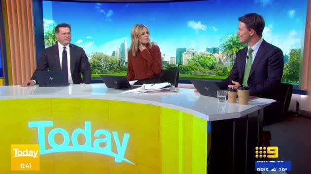 Today Show hosts Karl Stefanovic, Allison Langdon and Alex Cullen on set at Channel Nine studios