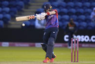 England's Sam Billings hits out off the bowling of Sri Lanka's Binura Fernando during the second T20 international cricket match between England and Sri Lanka in Cardiff, Wales, Thursday, June 24, 2021. (AP Photo/Alastair Grant)