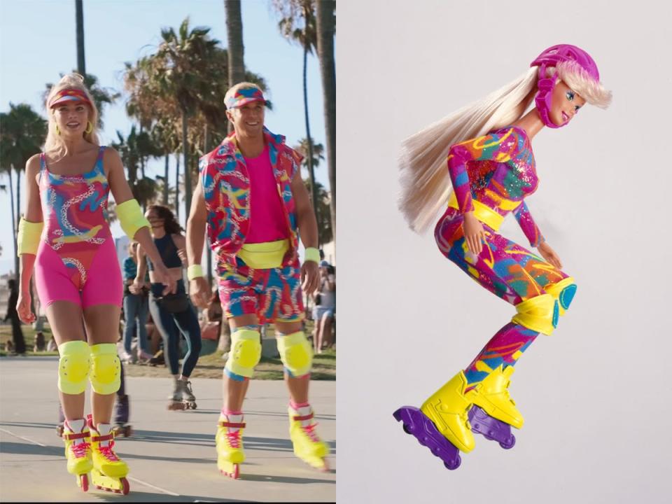 Left: Margot Robbie and Ryan Gosling in "Barbie." Right: The 1994 Hot Skatin Barbie doll.