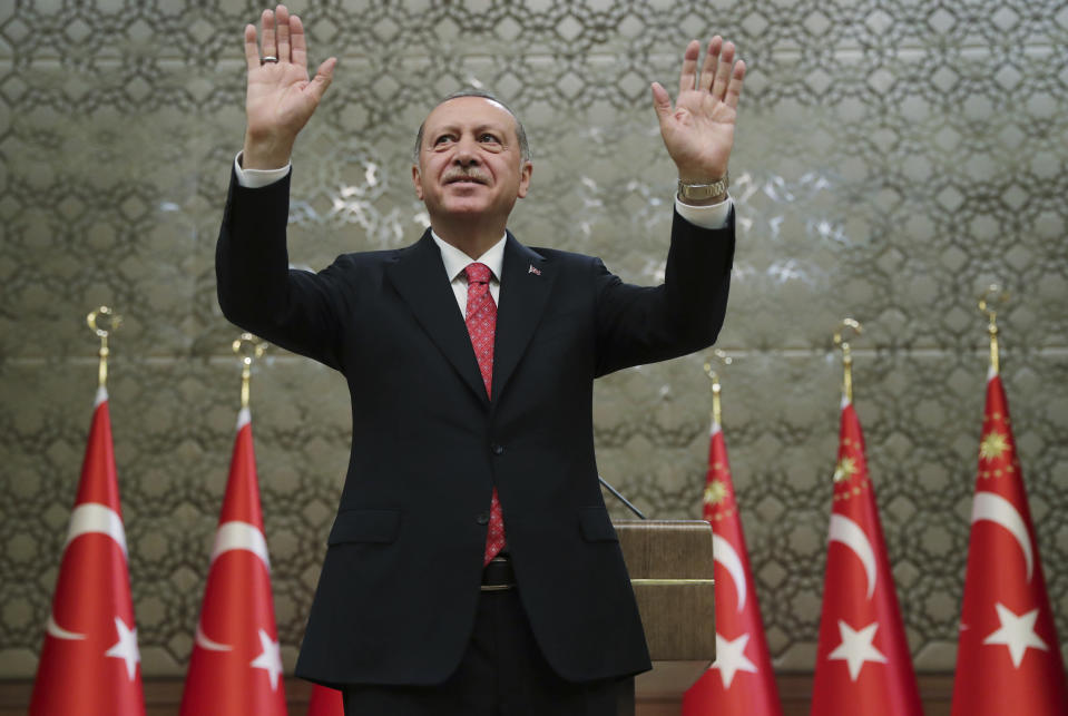 Turkey’s President Recep Tayyip Erdoğan addresses provincial muftis at the presidential palace in Ankara, Turkey, on Monday. (Photo: Presidential Press Service/Pool/AP)