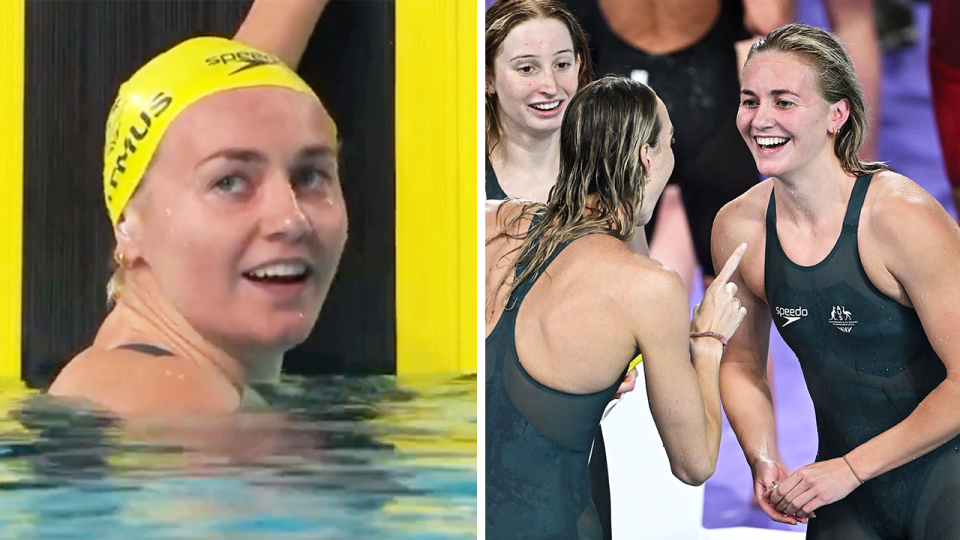 Aussie swimmer Ariarne Titmus (pictured left) looking up at the world record at the Commonwealth Games and (pictured right) Titmus celebrating with her team.