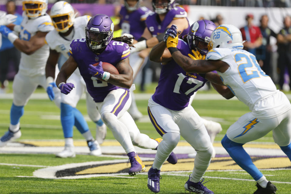 Fantasy managers might want to trade Alexander Mattison coming off his best game of the season and with more competition for touches on the Vikings. (AP Photo/Bruce Kluckhohn)