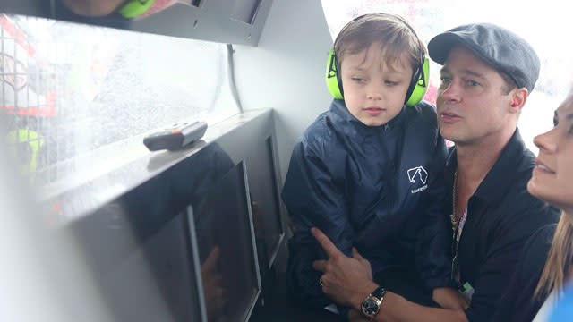 Brad Pitt spent some one-on-one time with his 7-year-old son Knox at the MotoGP British Grand Prix Race at Silverstone in England on Sunday. The father-of-six was super attentive to his lookalike son as they got the VIP treatment at the races. Pitt was seen with his trademark newsboy hat while Knox donned some bright yellow headphones to shield his ears from the noise of the race. <strong> WATCH: Brad Pitt -- 'I Don't Suck at Being a Dad' </strong> Pitt's appearance at the event came just days ahead of the release of the documentary <em> Hitting the Apex</em>, which the 51-year-old actor narrated. The father-son duo was accompanied by the film's director, Mark Neale. Pitt even spoke at the Grand Prix and shared his excitement over the upcoming documentary. <strong> MORE: Brad Pitt Shows Off Tattoo Honoring His Kids </strong> "Well, first of all I want to say great to be here at Silverstone and we're here for Mark Neal's film and he's made a great one, another great one. It's exhilarating. It's really moving," he said. "It's got a universal mythological tale to it and we're really proud to get it out there. I'm telling you, the hardcore fans are going to love it. The newcomers to the sport are going to love it and we're really proud." <strong> WATCH: Angelina Jolie Pitt and Her Son Maddox Team Up to Direct Cambodia Film for Netflix </strong> Continuing to gush over the director, Angelina Jolie's husband added, "Mark's been on this for several years as a documentarian, but, for me, it was a great excuse to get in the editing room with him and work with him and amazing footage." Getty Images Pitt is definitely one of the ultimate family men in Hollywood. This past year, ET asked the A-list actor how he was liking married life, of which he replied simply, "It doesn't suck." <strong> WATCH: Brad Pitt's 'Hairvolution' -- A History of His Best and Worst Hairstyles </strong> Check out Brangelina's recent fast-food run: