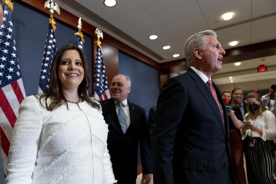 From left, newly-elected House Republican Conference Chair Rep. Elise Stefanik, R-N.Y., House Minority Whip Steve Scalise, R-La., and House Minority Leader Kevin McCarthy, R-Calif., speak to members of the media just after Stefanik was elected chair of the House Republican Conference, replacing Rep. Liz Cheney, R-Wyo., who was ousted from the GOP leadership for criticizing former President Donald Trump, at the Capitol in Washington, Friday, May 14, 2021. (AP Photo/Andrew Harnik)