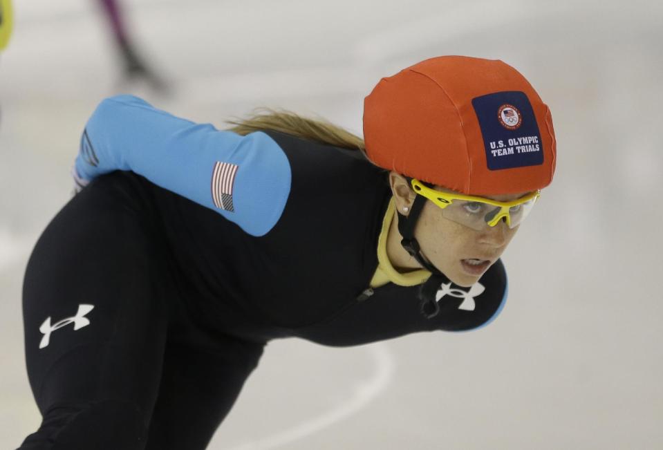 Jessica Smith competes in the women's 1,500 meters during the U.S. Olympic short track trials Friday, Jan. 3, 2014, in Kearns, Utah. (AP Photo/Rick Bowmer)