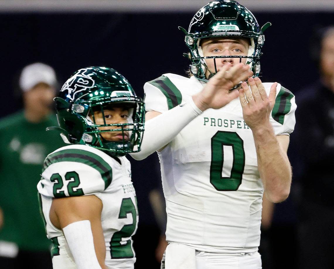 Prosper quarterback Nathan TenBarge (0) changes the play at the line of scrimmage in the first half of a UIL Class 6A Division 1 football regional-round playoff game at The Ford Center in Frisco, Texas, Saturday, Oct. 25, 2023. North Crowley led Prosper 28-7 at the half.