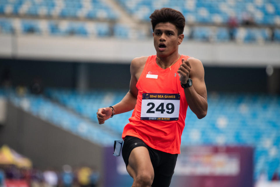 Singapore sprinter Marc Brian Louis gets silver in the men's 100m at the 2023 SEA Games. (PHOTO: SNOC/Lim Weixiang)