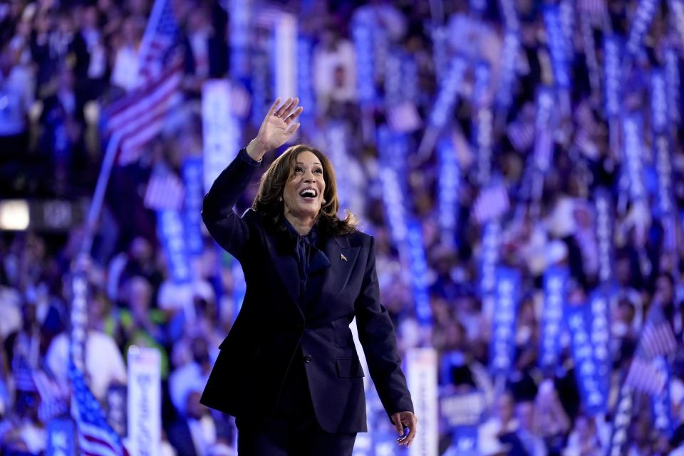 Democratic presidential nominee Vice President Kamala Harris during the Democratic National Convention Thursday, Aug. 22, 2024, in Chicago. (AP Photo/Jacquelyn Martin)