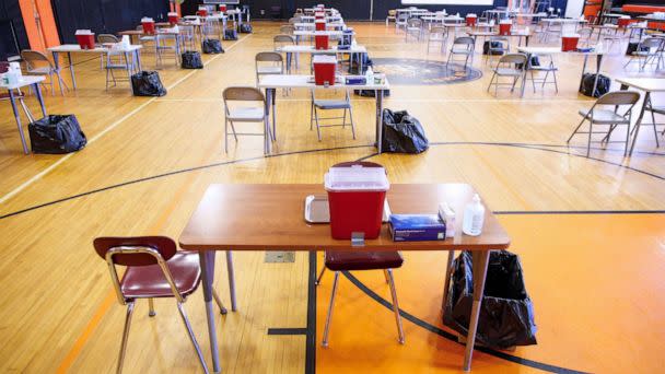 PHOTO: Medical supplies are arranged before the opening of a Monkeypox vaccination site at the Bushwick Educational Campus in Brooklyn, July 17, 2022, in New York City. (Kena Betancur/AFP via Getty Images)