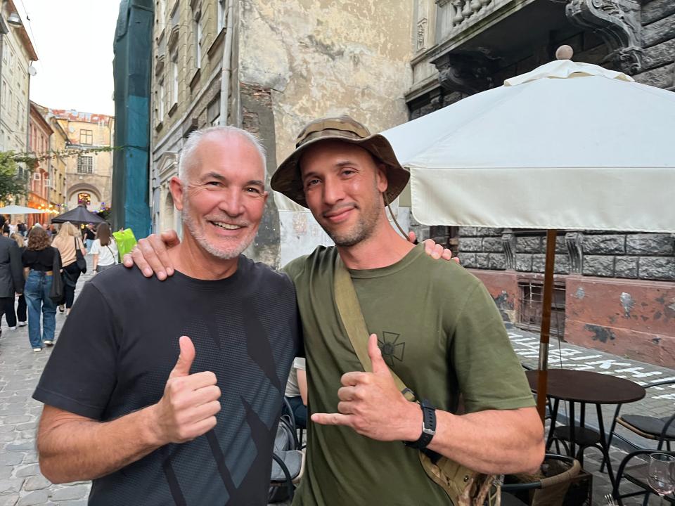 Jim Gamache, of Miromar Lakes, Florida, left, met a Fort Myers Beach resident across the world while helping the war effort in Lviv, Ukraine. Known by his call sign “Tennessee”, he is an American volunteer soldier. They met as he was discharged from service in October 2023.
