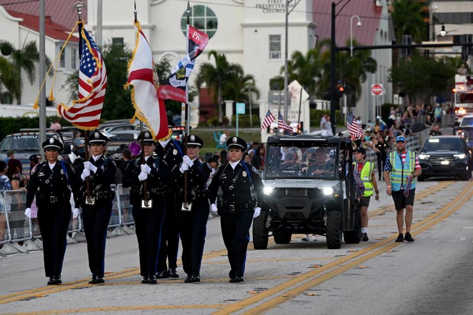 The Bradenton Police Dept. Color Guard marches during the DeSoto Parade on Saturday, April 27, 2024.