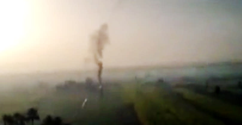 In this Tuesday, Feb. 26, 2013, image taken from video obtained from Al Jazeera, which has been authenticated based on its contents and other AP reporting, smoke rises from a hot air balloon after it burst in a flash of flame and then plummeted about 1,000 feet to earth carrying sightseers on a sunrise flight over the ancient city of Luxor, 510 kilometers (320 miles) south of Cairo, Egypt. Nineteen people were killed on Tuesday, Feb. 26, 2013 in what appeared to be the deadliest hot air ballooning accident on record. The balloon was carrying 20 tourists from France, Britain, Belgium, Japan, Hong Kong, and an Egyptian pilot. (AP Photo/ Al Jazeera via AP video)