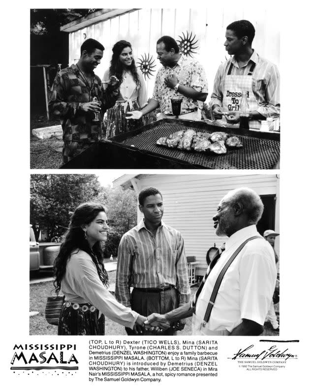 Actors Tico Wells, Sarita Choudhury, Charles S. Dutton, Joe Seneca and Denzel Washington on the set of 