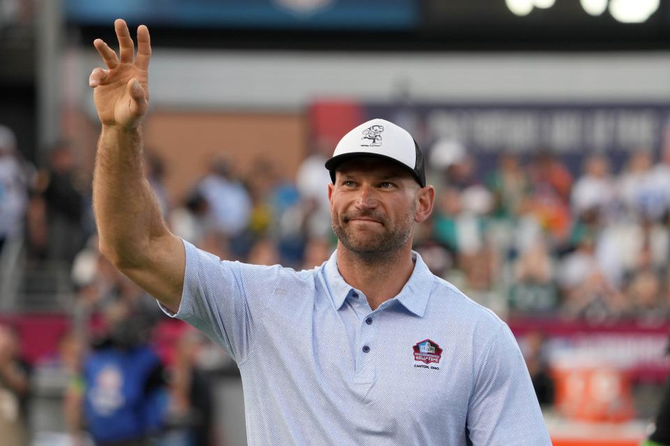 Cleveland Browns former offensive tackle and Pro Football Hall of Fame Class of 2023 enshrinee Joe Thomas is introduced at Tom Benson Hall of Fame Stadium.