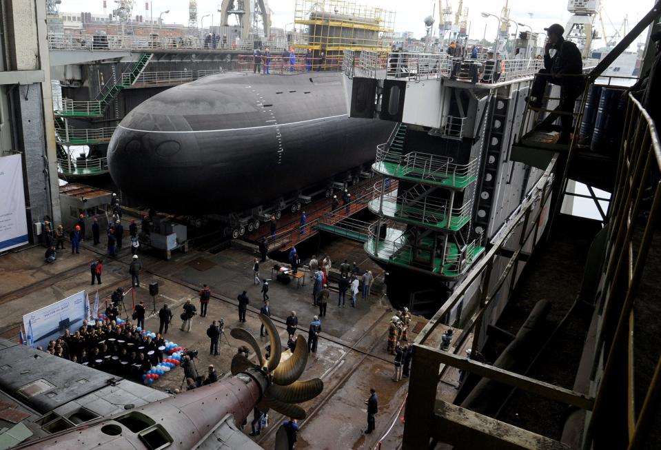 a Russian torpedo submarine at a shipyard