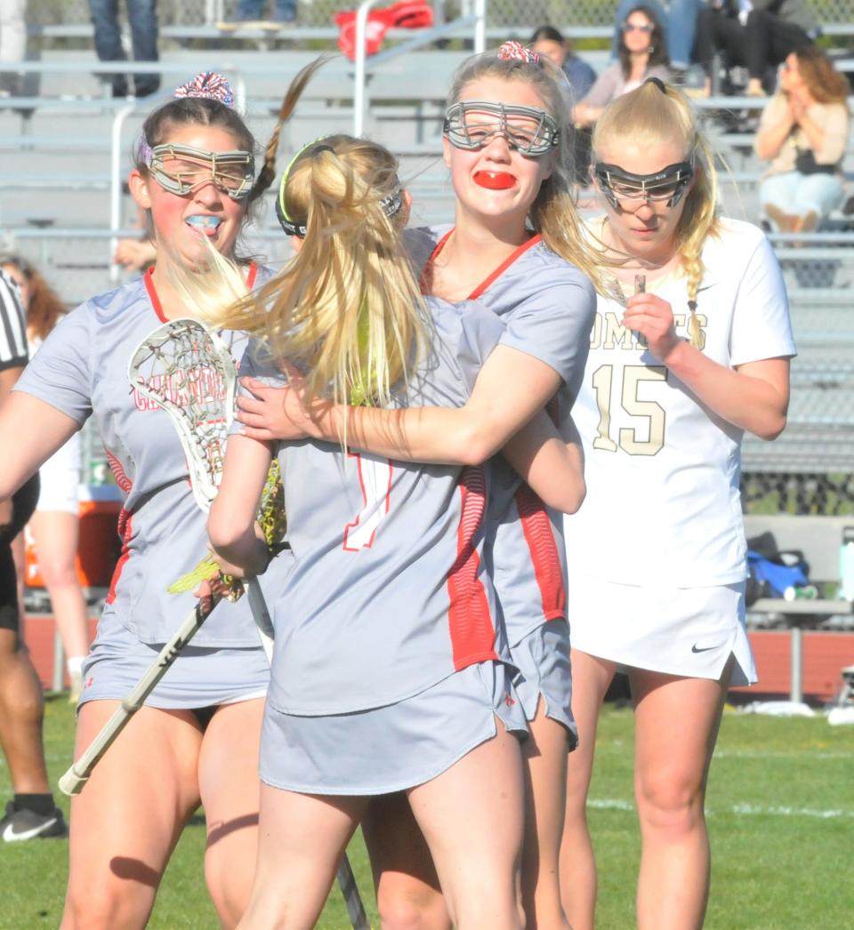 Canandaigua teammates celebrate a goal on Monday against Rush-Henrietta.