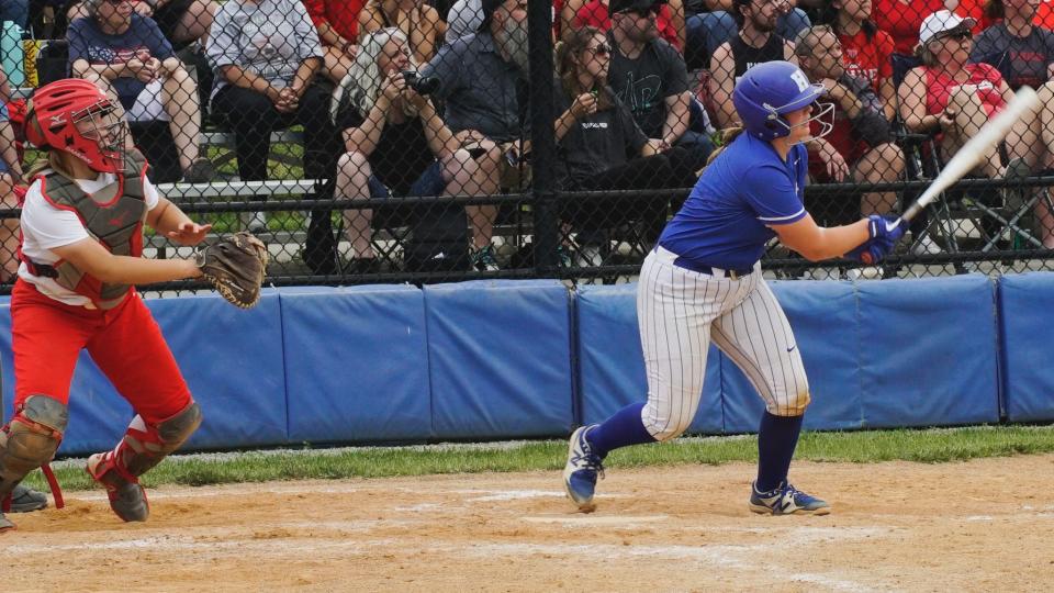 Highlands catcher Michelle Barth hit a go-ahead double to drive in Morgan Pompilio and Payton Brown to give the Bluebirds a 4-2 victory over Dixie Heights in the Ninth Region championship game on May 28, 2023.