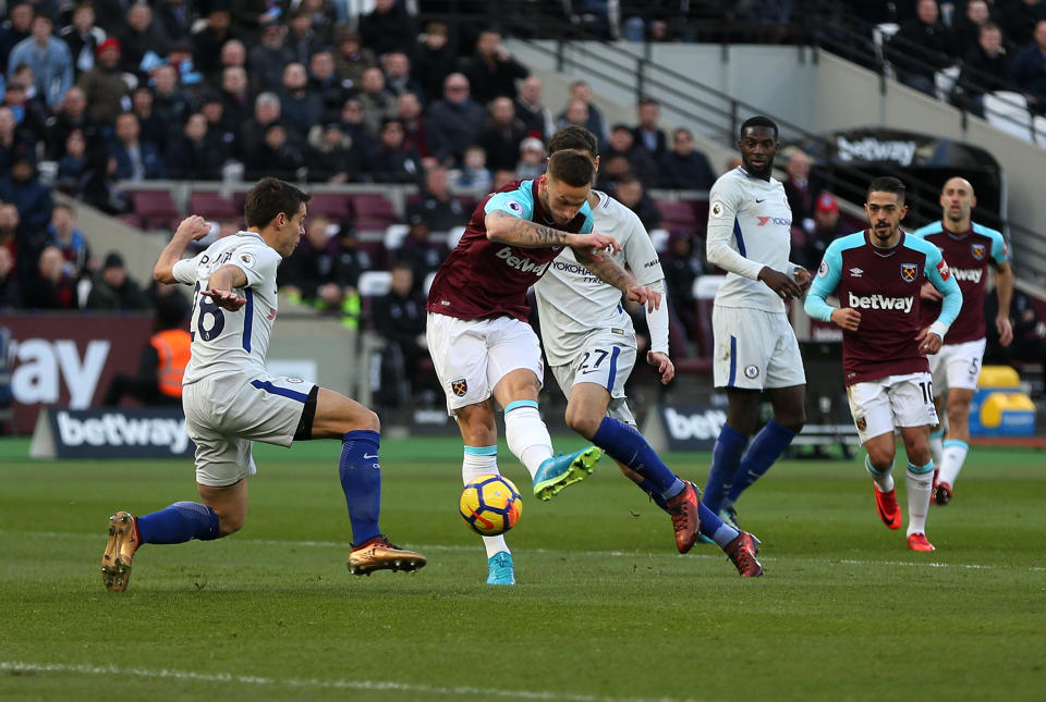 Marko Arnautovic scores West Ham’s goal against Chelsea at the London Stadium on Saturday. (Getty)