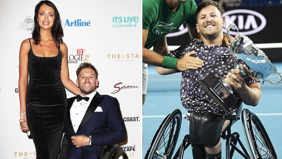 Dylan Alcott, pictured here with girlfriend Chantelle Otten and at the Australian Open.