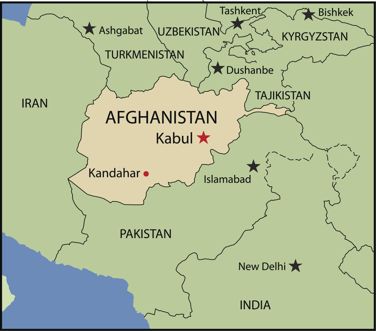 Map of Afghanistan surrounded by the neighbouring countries.