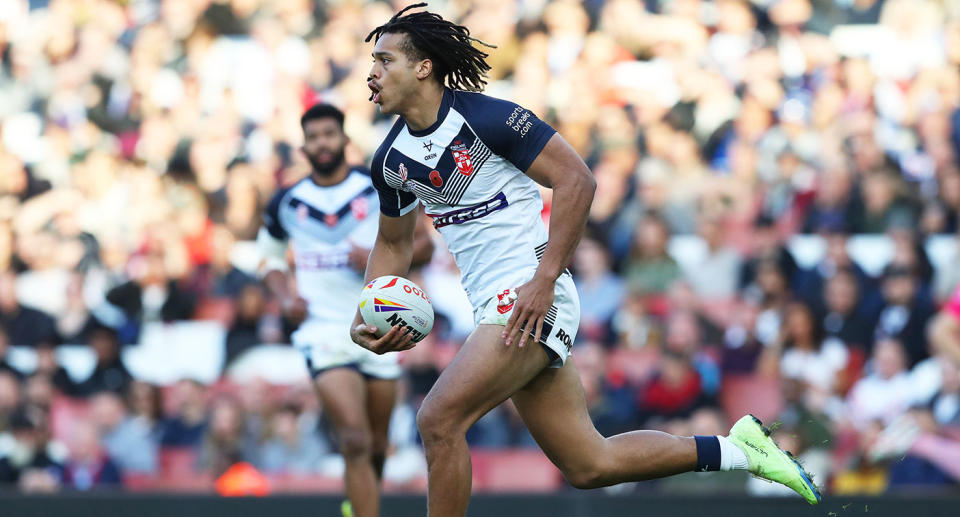 Seen here, Dom Young playing for England at the 2022 Rugby League World Cup. 