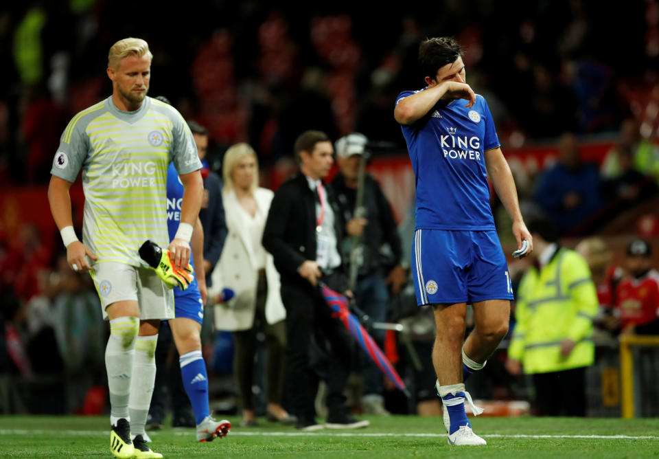 <p>Soccer Football – Premier League – Manchester United v Leicester City – Old Trafford, Manchester, Britain – August 10, 2018 Leicester City’s Harry Maguire and Kasper Schmeichel after the match Action Images via Reuters/Andrew Boyers EDITORIAL USE ONLY. No use with unauthorized audio, video, data, fixture lists, club/league logos or “live” services. Online in-match use limited to 75 images, no video emulation. No use in betting, games or single club/league/player publications. Please contact your account representative for further details. </p>