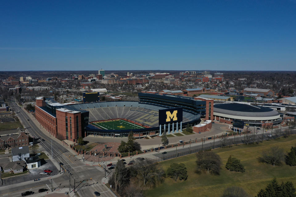 ANN ARBOR MICHIGAN  - MARCH 15: Aerial general view from a drone of of Michigan Stadium and Crisler Center on March 15, 2020 in Ann Arbor, Michigan.  (Photo by Gregory Shamus/Getty Images)