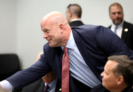 Acting Attorney General Matthew Whitaker arrives to speak to state and local law enforcement on efforts to combat violent crime and the opioid crisis in Des Moines, Iowa, U.S., November 14, 2018. REUTERS/Scott Morgan