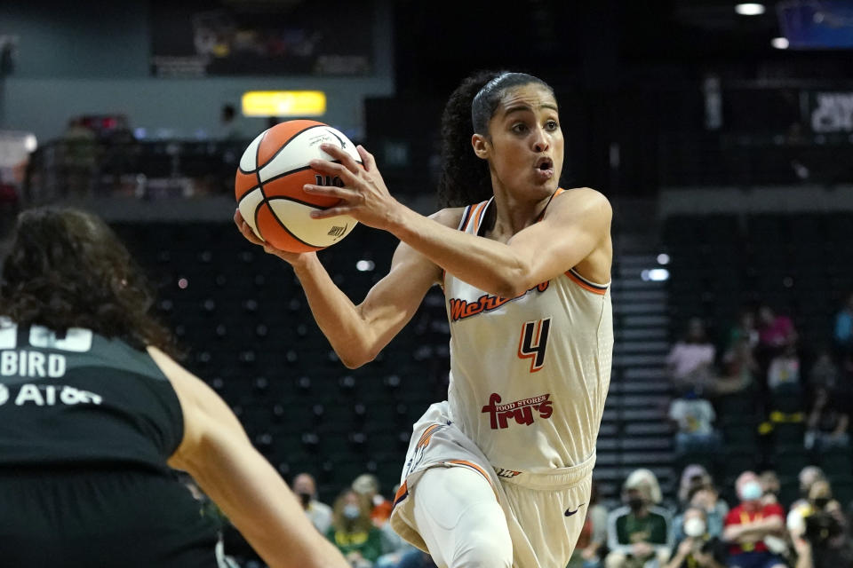 Phoenix Mercury's Skylar Diggins-Smith will miss at least part of the 2023 WNBA season after giving birth in the offseason. (AP Photo/Elaine Thompson)