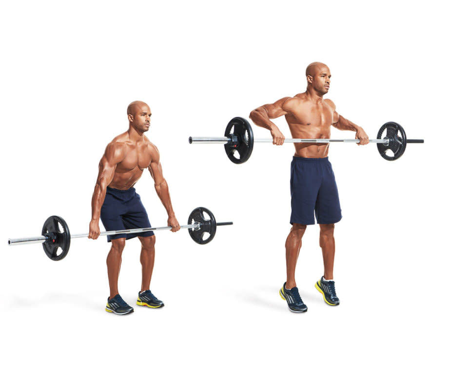 How to do it:<ul><li>Set up as you did for the high pull, but when you jump, perform an explosive shrug and bend your elbows to pull the bar into your belly.</li><li>Do not continue to lift the bar up to chest level.</li></ul>