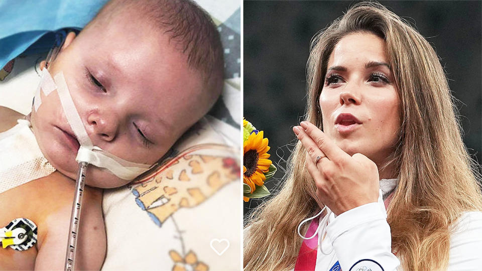 Olympic silver medalist Maria Andrejczyk (pictured right) celebrating on the podium and child Miloszek Małysa.