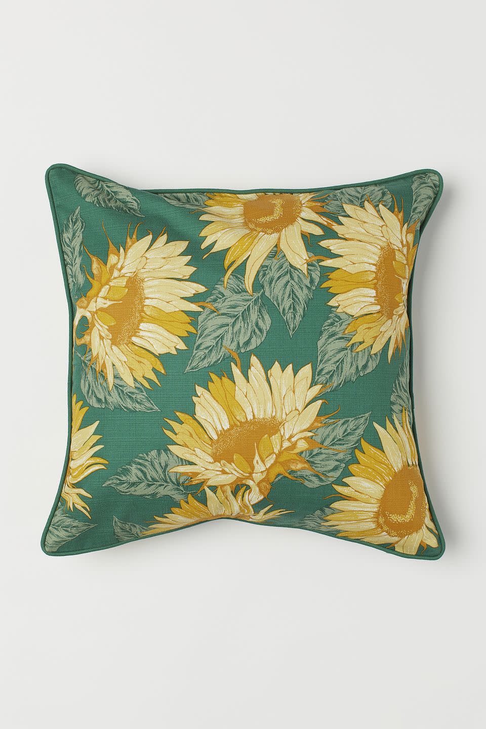 <p>H&M is well known for its stylish cushion covers and this season doesn't disappoint. This <a href="https://www2.hm.com/en_gb/productpage.0714404002.html" rel="nofollow noopener" target="_blank" data-ylk="slk:green sunflower slub-weave cotton cushion cover for £8.99;elm:context_link;itc:0;sec:content-canvas" class="link ">green sunflower slub-weave cotton cushion cover for £8.99</a> will see you right through to summer. You can buy the <a href="https://www2.hm.com/en_gb/productpage.0714404002.html" rel="nofollow noopener" target="_blank" data-ylk="slk:white colourway;elm:context_link;itc:0;sec:content-canvas" class="link ">white colourway</a> too.</p><p><a class="link " href="https://go.redirectingat.com?id=127X1599956&url=https%3A%2F%2Fwww2.hm.com%2Fen_gb%2Fproductpage.0714404002.html&sref=http%3A%2F%2Fwww.housebeautiful.com%2Fuk%2Fdecorate%2Fg27238186%2Fhm-home%2F" rel="nofollow noopener" target="_blank" data-ylk="slk:BUY NOW;elm:context_link;itc:0;sec:content-canvas">BUY NOW</a></p>