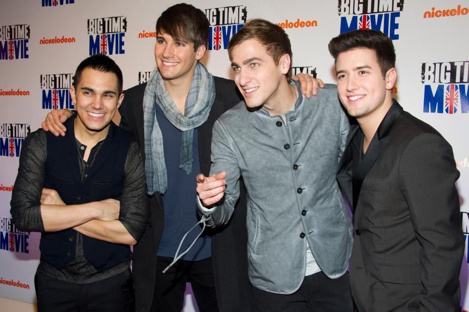 Big Time Rush band members, left to right, Carlos PenaVega, James Maslow, Kendall Schmidt and Logan Henderson and attend the premiere of their Nickelodeon TV movie "Big Time Movie" in New York, Thursday, March 8, 2012.