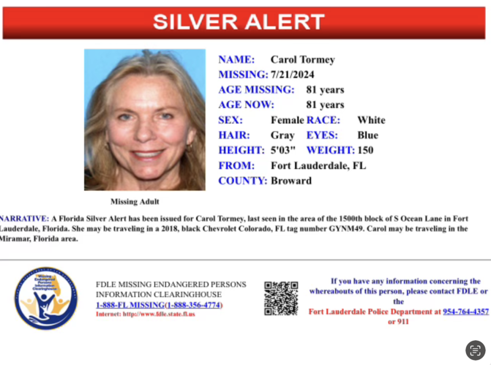 A silver alert has been issued for 81-year-old Carol Tormey who has been missing since Sunday.