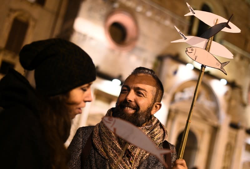 Protesters from "the sardines", a grassroots movement against far-right League leader Matteo Salvini, hold a demonstration in Reggio Emilia