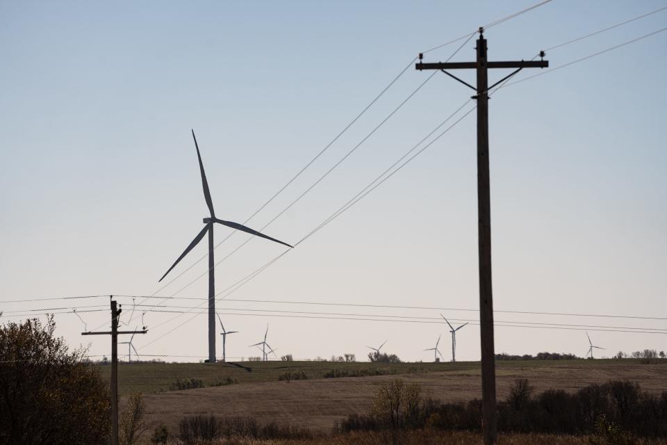 Wind turbines that are part of the Soldier Creek Wind Farm in Goff, Kansas, seen in October 2023.