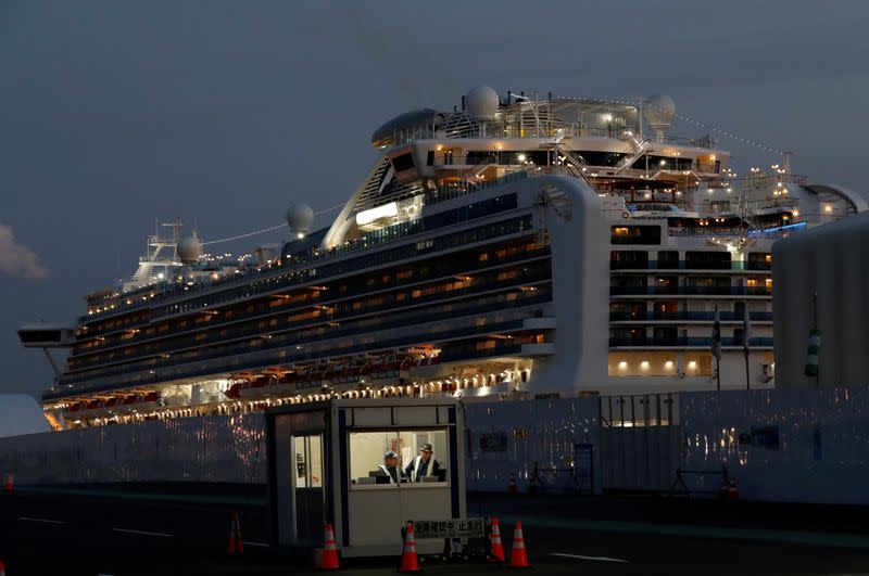 The Diamond Princess cruise ship lies docked at the Daikoku Pier Cruise Terminal in Yokohama