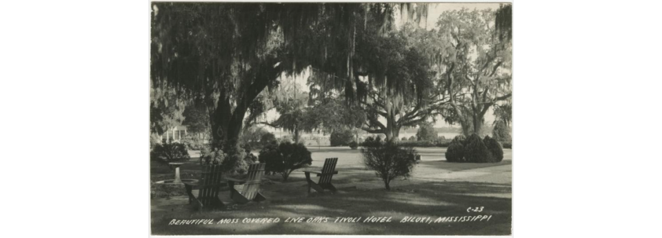 The Tivoli Hotel was surrounded by several massive live oaks covered in Spanish Moss, providing patrons with shade from the Mississippi Coast sun.