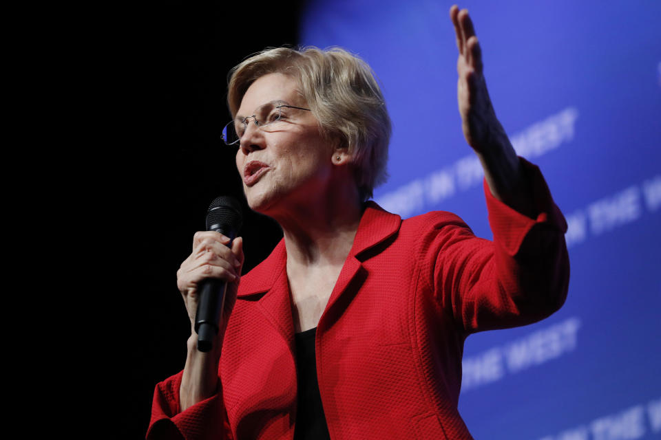 Democratic presidential candidate Sen. Elizabeth Warren, D-Mass., speaks during a fundraiser for the Nevada Democratic Party, Sunday, Nov. 17, 2019, in Las Vegas. (AP Photo/John Locher)