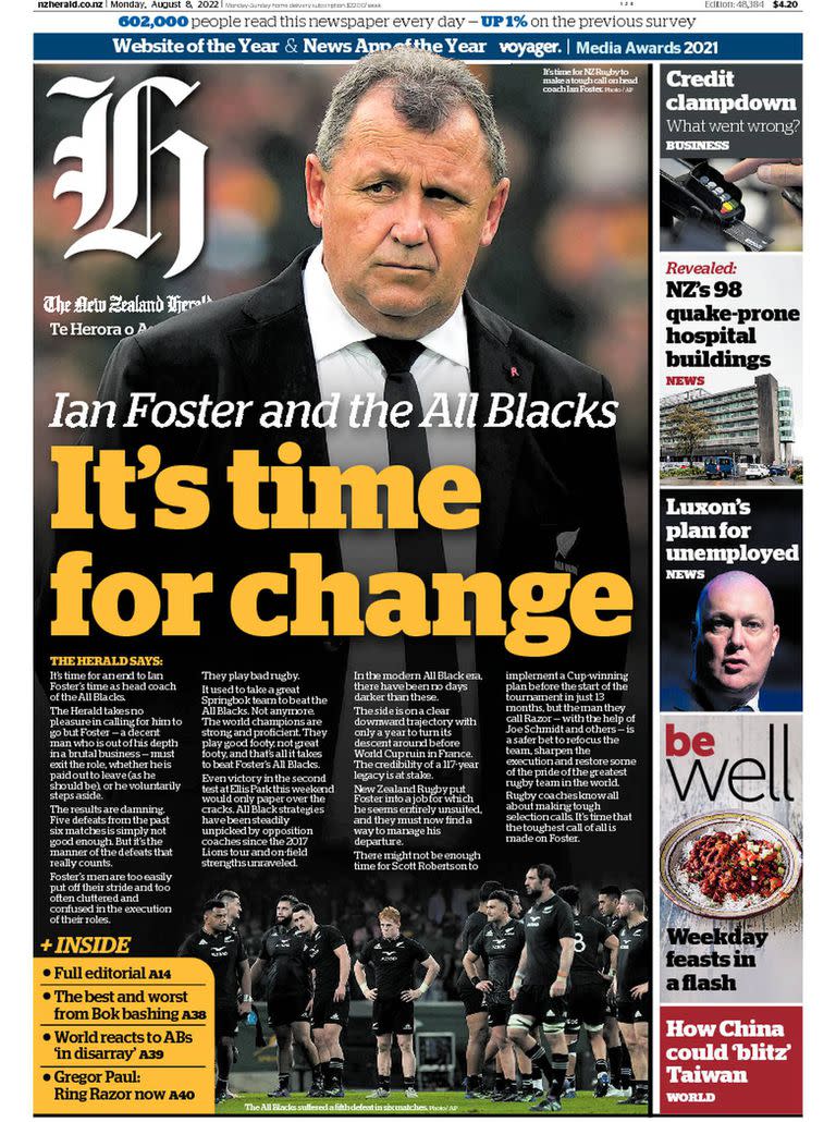 "Es tiempo de un cambio", la tapa del NZ Herald que pide la renuncia del head coach de los All Blacks, Ian Foster