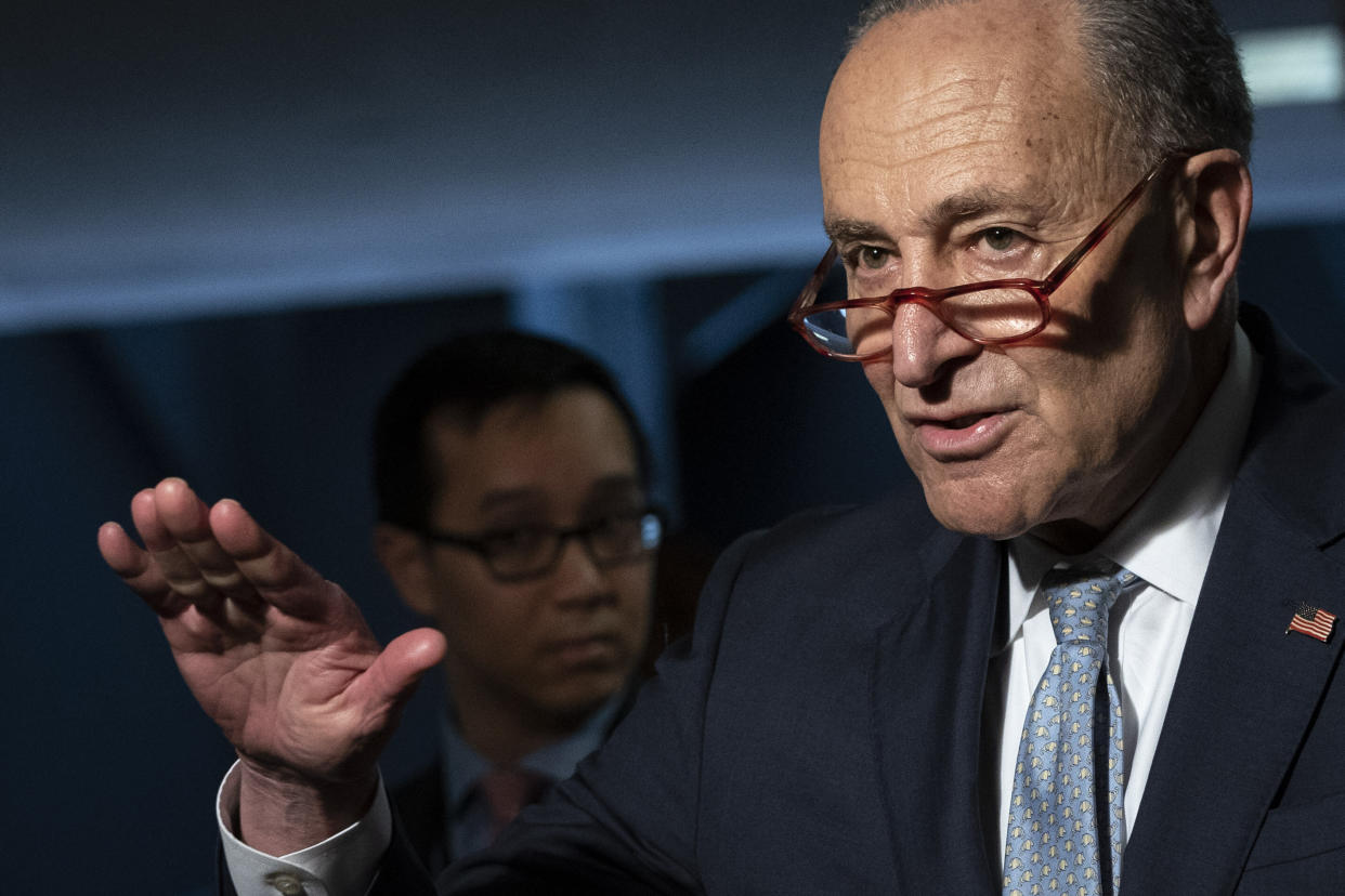 Senate Minority Leader Chuck Schumer and other Democrats rolled out their hazard pay plan on Tuesday. (Photo: Drew Angerer via Getty Images)