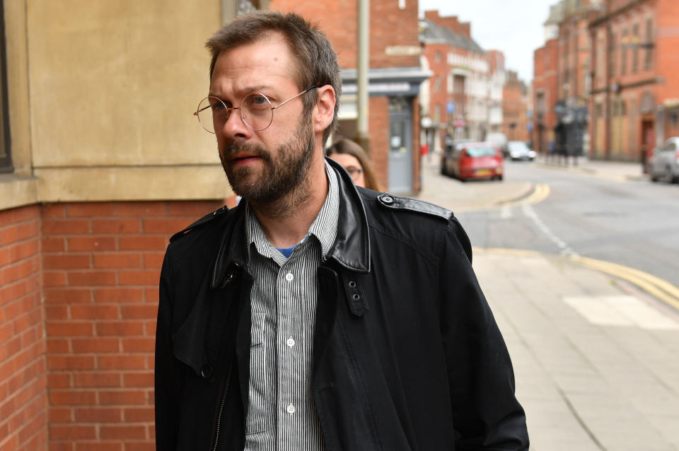 RETRANSMITTING CORRECTING SPELLING OF LEICESTER CORRECT CAPTION BELOW Ex-Kasabian singer, Tom Meighan, arrives at Leicester Magistrates' Court where he is appearing on a domestic assault charge. (Photo by Jacob King/PA Images via Getty Images)