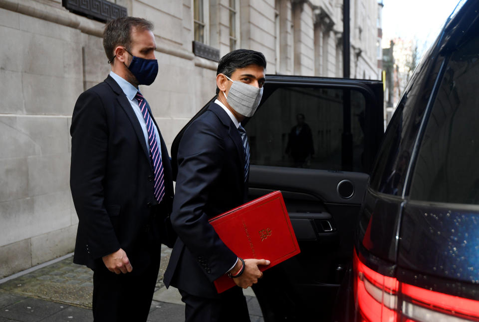 Britain's Chancellor of the Exchequer, Rishi Sunak, leaves a television studio in London, Britain, October 6, 2020. REUTERS/Toby Melville